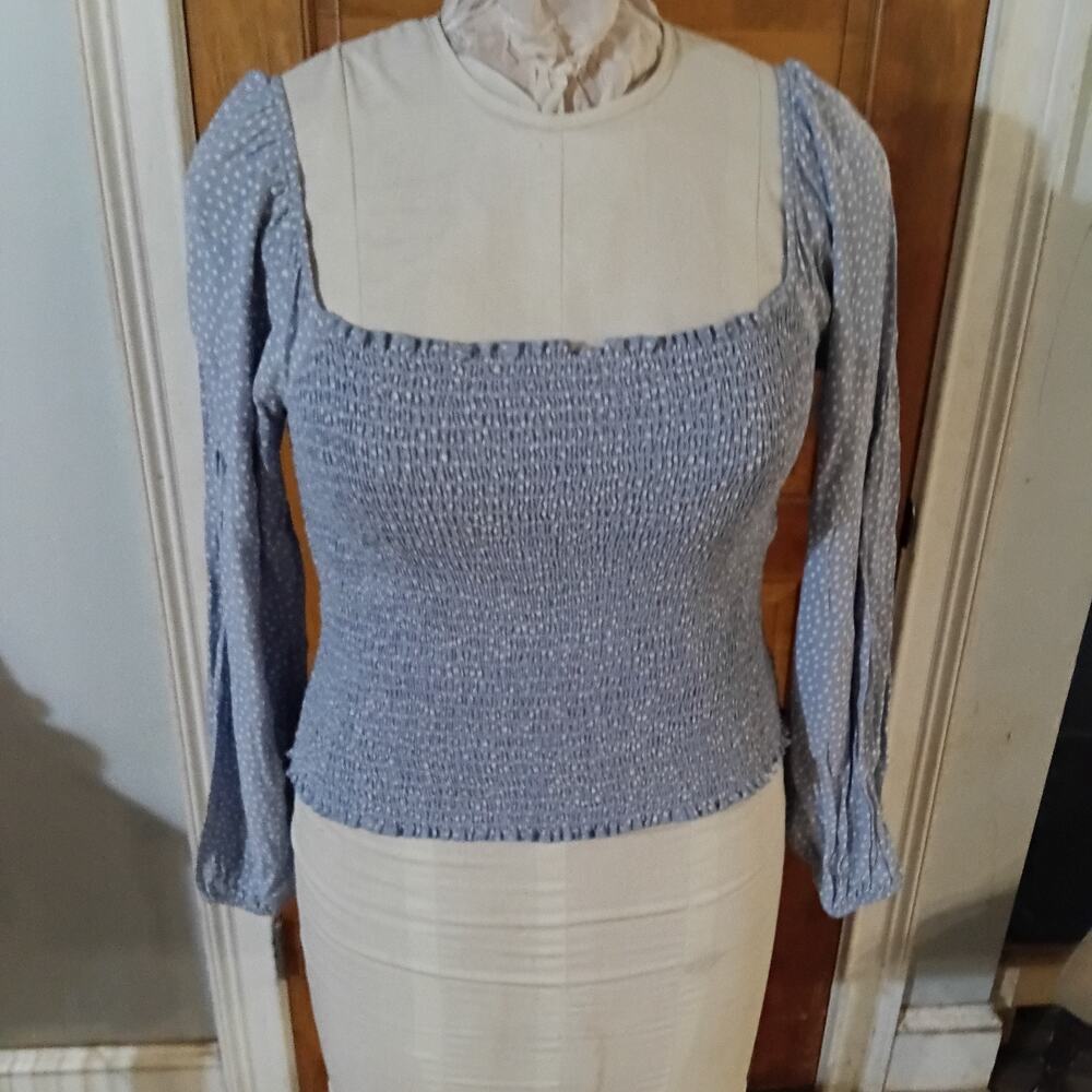 American Eagle Polka Dot Smocked Top Women Small blue Off the Shoulder Retro 90